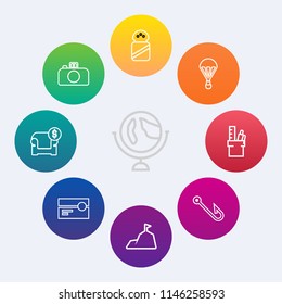 Modern, simple vector icon set on colorful circle backgrounds with interior, sofa, salt, extreme, fishing, office, mountain, audio, white, camera, hook, photography, stationery, rod, work, jump icons