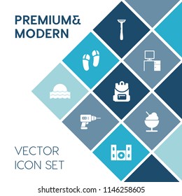 Modern, simple vector icon set on blue colorful background with workplace, light, repair, equipment, desk, blade, object, speaker, home, power, fashion, sunrise, bag, razor, technology, video icons