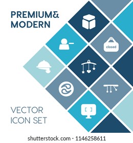 Modern, simple vector icon set on blue colorful background with pendulum, mon, newborn, kimono, sign, pictogram, square, service, traditional, delete, cafe, element, japanese, waiter, waitress icons