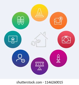Modern, simple vector icon set on colorful circle backgrounds with modern, estate, furniture, home, music, key, concept, stair, step, craft, sofa, professional, ladder, rocket, interior, online icons