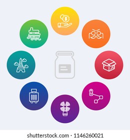 Modern, simple vector icon set on colorful circle backgrounds with ocean, cardboard, luggage, baggage, celebration, location, business, tower, tin, lighthouse, map, seamark, france, sea, beacon icons