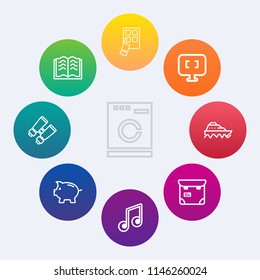 Modern, simple vector icon set on colorful circle backgrounds with technology, spy, glasses, boat, musical, paper, book, person, internet, education, machine, clean, mobile, transport, water, pc icons