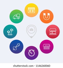 Modern, simple vector icon set on colorful circle backgrounds with audio, business, cassette, transport, palm, person, timer, tape, old, field, magnetic, nature, work, watch, pole, record, map icons