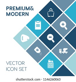 Modern, simple vector icon set on blue colorful background with bottle, view, kitchen, health, bag, cooking, glass, oven, mixer, music, delivery, buy, concrete, guitar, string, electric, store,  icons