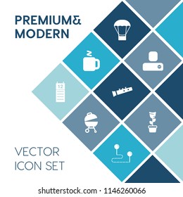 Modern, simple vector icon set on blue colorful background with barbecue, transport, travel, person, calendar, member, sign, fire, beverage, drink, tea, food, sausage, grill, room, sound, music icons