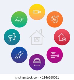 Modern, simple vector icon set on colorful circle backgrounds with music, property, bullet, science, increase, loud, folk, horizontal, transport, house, musical, basket, loudspeaker, instrument icons