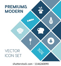 Modern, simple vector icon set on blue colorful background with magician, organic, dna, bucket, food, corn, sound, business, avatar, shell, wand, harp, party, wine, chef, hat, marine, bottle icons