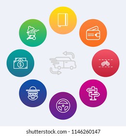 Modern, simple vector icon set on colorful circle backgrounds with meat, character, room, transportation, door, currency, bbq, cooking, wallet, business, medicine, grilled, transport icons