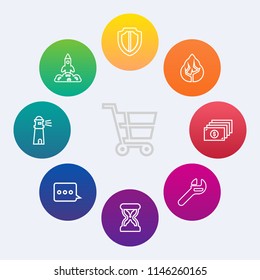 Modern, simple vector icon set on colorful circle backgrounds with protect, landscape, timer, tree, technology, space, money, shop, hour, message, equipment, finance, tool, refreshment, spanner icons