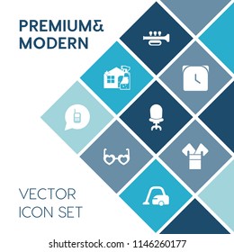 Modern, simple vector icon set on blue colorful background with music, fashion, sound, ringing, cleaner, speed, hour, phone, interior, costume, trumpet, watch, equipment, glasses, chair, vacuum icons