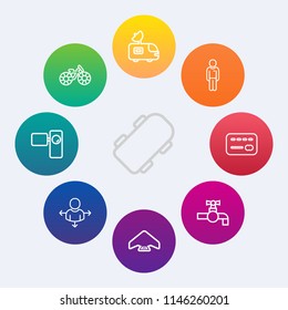 Modern, simple vector icon set on colorful circle backgrounds with board, skater, faucet, tripod, money, parachute, extreme, tap, direction, water, transportation, card, retro, road, street, sky icons