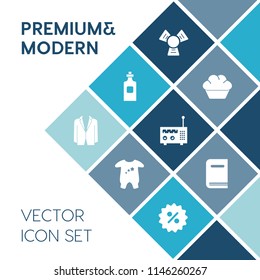 Modern, simple vector icon set on blue colorful background with child, beverage, library, bottle, drink, sale, food, small, business, media, fashion, cupcake, plastic, education, clothing, sweet icons