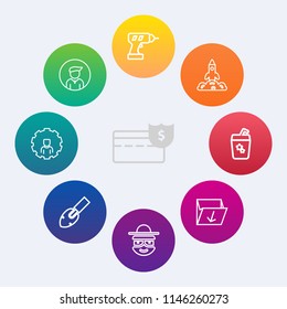 Modern, simple vector icon set on colorful circle backgrounds with bank, young, cartoon, shovel, male, cocktail, launch, online, fashion, mobile, trash, hand, work, construction, waste, happy icons