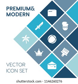 Modern, simple vector icon set on blue colorful background with art, dinner, steel, information, paperwork, tropical, white, envelope, metal, hipster, cutlery, leaf, communication, summer, meal icons