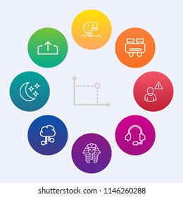 Modern, simple vector icon set on colorful circle backgrounds with geometry, alarm, circle, seafood, sea, night, network, sky, technology, equipment, food, online, profile, glasses, sign, fish icons