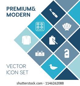 Modern, simple vector icon set on blue colorful background with brush, kitchen, hot, marine, restaurant, fork, clothing, laboratory, science, hotel, clean, ocean, motel, toothbrush, test, heat icons