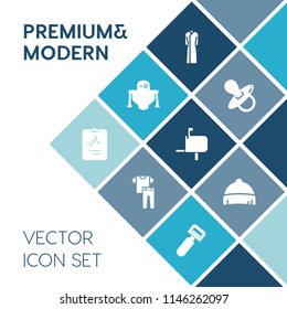 Modern, simple vector icon set on blue colorful background with kid, tool, medical, post, heart, future, machine, potato, cardiology, childhood, beauty, elegance, technology, mail, robotic, box icons
