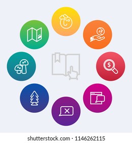 Modern, simple vector icon set on colorful circle backgrounds with dollar, planet, finance, temperature, thermometer, edible, book, forest, europe, weather, business, celsius, internet, scale icons