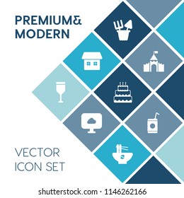 Modern, simple vector icon set on blue colorful background with cake, house, technology, graphic, kingdom, restaurant, architecture, summer, meal, noodle, building, beverage, castle, food, drink icons