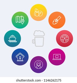 Modern, simple vector icon set on colorful circle backgrounds with girl, travel, game, bar, pub, woman, tool, web, yacht, water, young, drink, competition, bird, sport, alcohol, mug, sign, lager icons