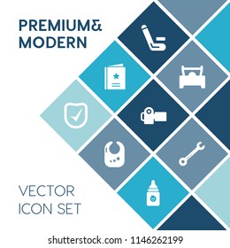 Modern, simple vector icon set on blue colorful background with baby, childhood, interests, sign, technology, nutrition, plastic, favour, championship, template, player, champion, match, team icons