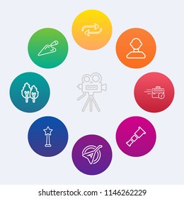 Modern, simple vector icon set on colorful circle backgrounds with folk, environment, landscape, night, astronomy, construction, lens, music, musical, success, shovel, computer, tree, space, sky icons