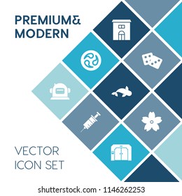 Modern, simple vector icon set on blue colorful background with elevator, home, astronaut, spring, success, casino, clinic, kimono, white, sign, luck, building, space, japanese, business, mon icons