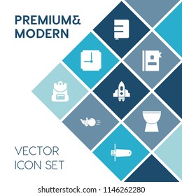 Modern, simple vector icon set on blue colorful background with school, address, ball, paper, hobby, spaceship, phone, information, hour, sport, timer, directory, time, object, musical, craft icons