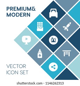Modern, simple vector icon set on blue colorful background with transportation, kid, bar, dark, tv, television, vehicle, snack, automotive, white, nutrition, travel, shrine, media, button, japan icons