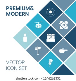 Modern, simple vector icon set on blue colorful background with grocery, audio, dish, railway, ball, cable, arrow, bowling, rail, galaxy, food, solar, electric, sport, space, astronomy, cosmos icons