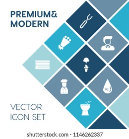 Modern, simple vector icon set on blue colorful background with nature, dinner, water, pink, chief, drop, drink, white, burger, blossom, cheeseburger, snack, machine, fork, knife, fast, casual icons