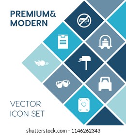 Modern, simple vector icon set on blue colorful background with pin, pub, ball, travel, sport, sign, service, mail, bellboy, suitcase, drink, tourism, poker, baggage, conditioner, cart, beer, no icons