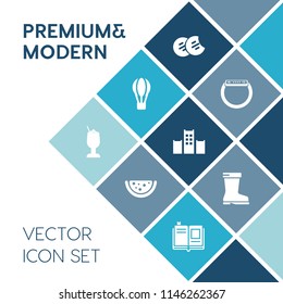 Modern, simple vector icon set on blue colorful background with device, leather, cocktail, drink, smart, watch, style, library, flight, time, hotel, fly, parachute, hot, air, alcohol, textbook icons