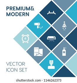 Modern, simple vector icon set on blue colorful background with dryer, rollup, estate, party, time, celebration, air, clown, care, house, building, costume, hour, paint, up, banner, conditioner icons