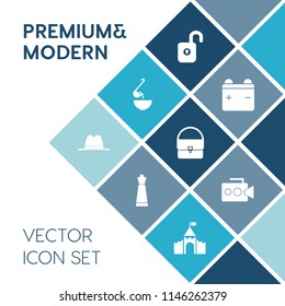 Modern, simple vector icon set on blue colorful background with bag, game, key, medieval, fashion, full, knight, video, strategy, battery, spoon, hot, hat, dinner, handle, castle, kitchen, chess icons