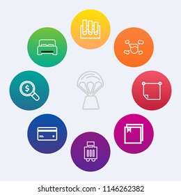 Modern, simple vector icon set on colorful circle backgrounds with stick, transportation, web, file, home, sky, bag, white, travel, boy, basket, banking, research, message, analysis, balloon icons