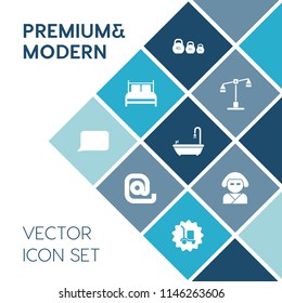 Modern, simple vector icon set on blue colorful background with cargo, bed, balance, law, talk, japanese, package, night, chat, bedding, fitness, warehouse, justice, delivery, lawyer, bubble icons