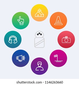 Modern, simple vector icon set on colorful circle backgrounds with mineral, construction, building, boy, man, business, photography, male, step, up, finger, blue, industry, index, headset, sign icons