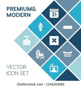 Modern, simple vector icon set on blue colorful background with sign, schedule, food, car, vanilla, transportation, event, cream, crate, technology, tv, box, nature, store, basket, cone, day icons