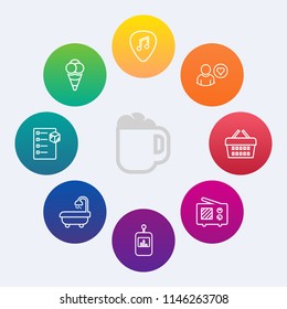 Modern, simple vector icon set on colorful circle backgrounds with caffeine, musical, ice, cup, communication, sweet, cream, hot, coffee, food, remote, modern, market, cappuccino, checklist, mug icons