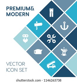 Modern, simple vector icon set on blue colorful background with transportation, cup, beverage, pants, nautical, truck, caffeine, cafe, espresso, clothing, direction, business, fashion, wear, red icons