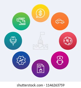 Modern, simple vector icon set on colorful circle backgrounds with label, building, old, transport, list, palace, game, luck, medicine, castle, music, risk, tower, voice, sky, surgeon, casino icons