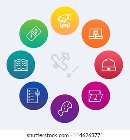 Modern, simple vector icon set on colorful circle backgrounds with food, page, air, waste, fast, aircraft, video, meal, checklist, plane, travel, job, chicken, domino, row, fly, rubbish, hat icons
