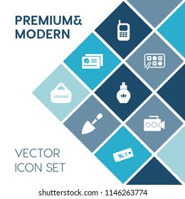 Modern, simple vector icon set on blue colorful background with camera, shovel, cell, beauty, perfume, shop, old, call, tool, construction, chart, sign, banner, video, document, plane, food icons