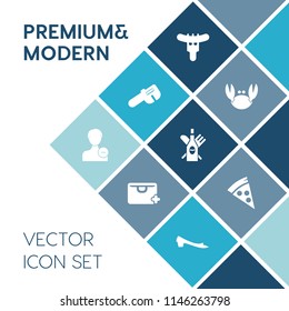 Modern, simple vector icon set on blue colorful background with wrench, spanner, repair, hammer, profile, restaurant, sale, dinner, alcohol, avatar, food, hotdog, meal, meat, fresh, shellfish icons