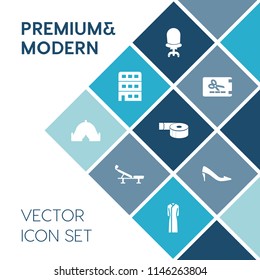 Modern, simple vector icon set on blue colorful background with bank, interior, chair, armchair, tent, coupon, healthy, house, template, sport, price, paper, fitness, shoe, furniture, tape, seat icons