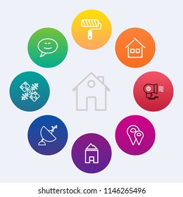 Modern, simple vector icon set on colorful circle backgrounds with real, architecture, global, antenna, construction, location, roll, space, paint, door, female, brush, hair, roller, technology icons