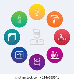 Modern, simple vector icon set on colorful circle backgrounds with tower, profile, idea, brush, roller, web, concept, big, england, business, repair, paint, landmark, house, building, user, owl icons