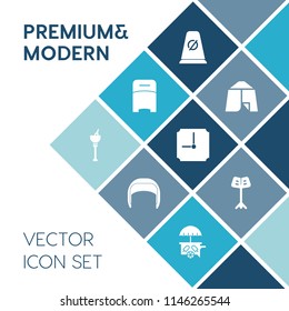 Modern, simple vector icon set on blue colorful background with traffic, transportation, worker, furniture, tent, bedroom, helmet, home, equipment, musical, music, leisure, van, adventure, food icons