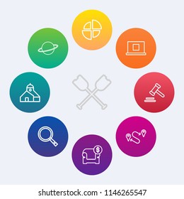 Modern, simple vector icon set on colorful circle backgrounds with water, planet, rowing, destination, legal, search, science, graphic, modern, element, diagram, interior, space, construction icons